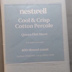 NEW Nestwell Cool & Crisp Cotton Queen Flat Sheet Illusion Blue Bedding Bed